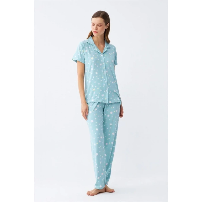 Moda Kadın Buz Mavisi Yıldız Desenli Önden Düğmeli Pijama Takımı