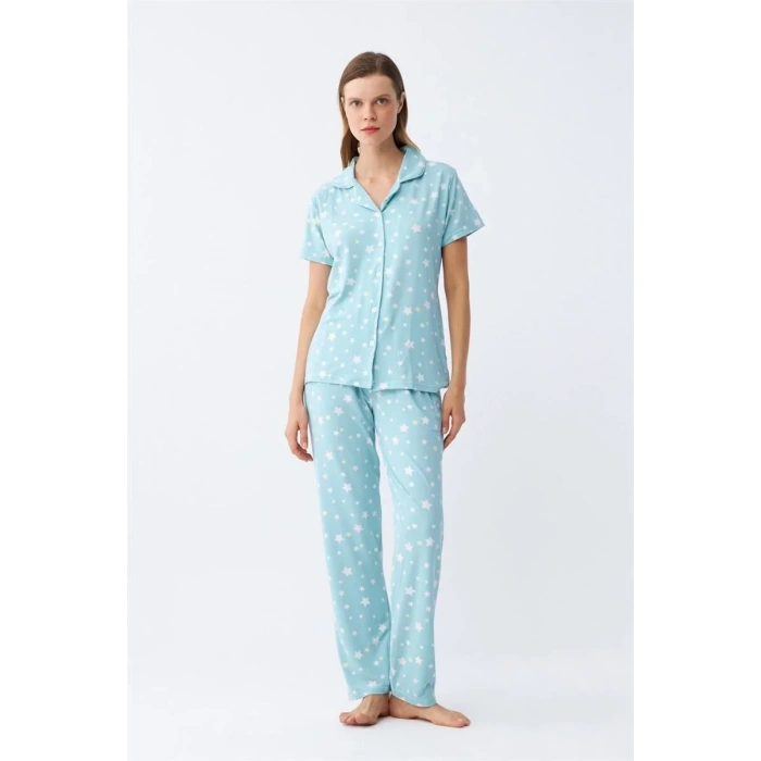 Moda Kadın Buz Mavisi Yıldız Desenli Önden Düğmeli Pijama Takımı