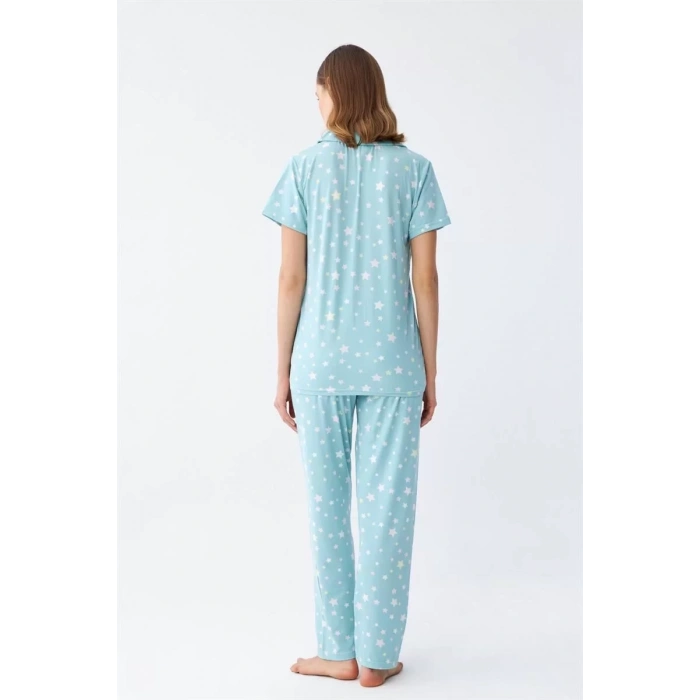 Moda Kadın Buz Mavisi Yıldız Desenli Önden Düğmeli Pijama Takımı