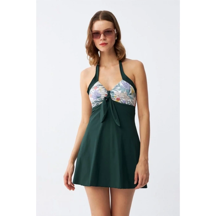 Moda Kadın Çiçek Desenli Fiyonklu Haki Elbise Mayo