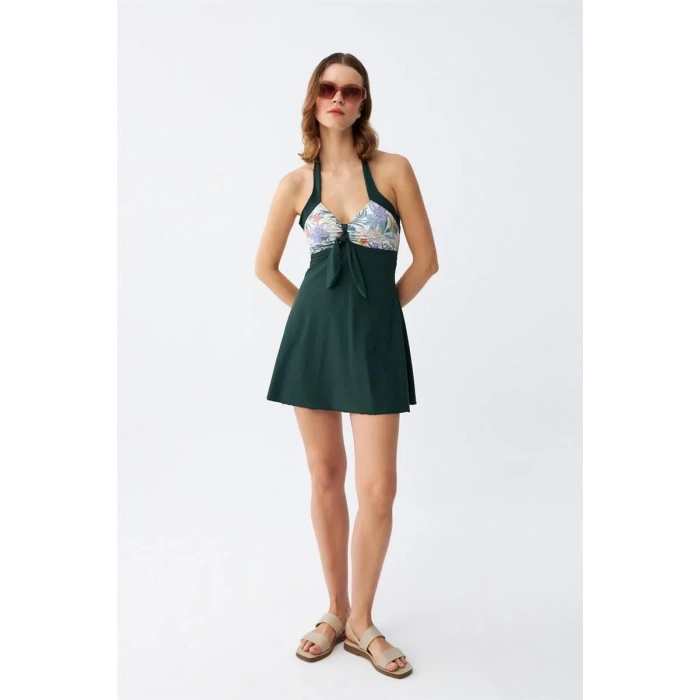 Moda Kadın Çiçek Desenli Fiyonklu Haki Elbise Mayo