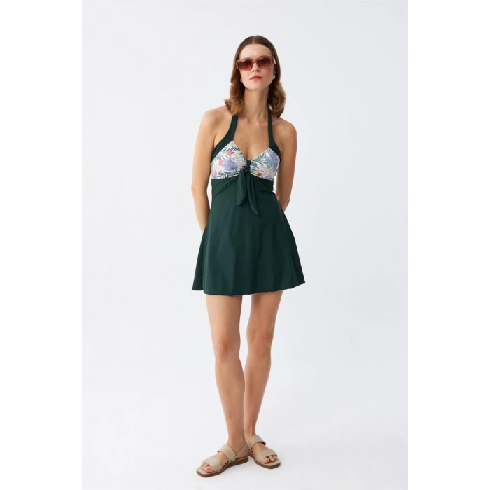 Moda Kadın Çiçek Desenli Fiyonklu Haki Elbise Mayo