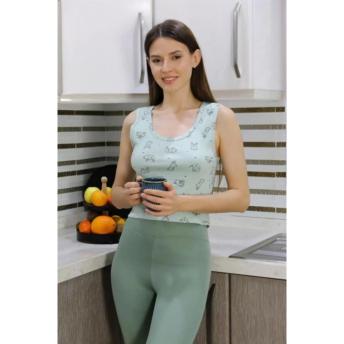 Moda Kadın Crop Büstiyer Tayt Alt Üst Takım SuYeşili