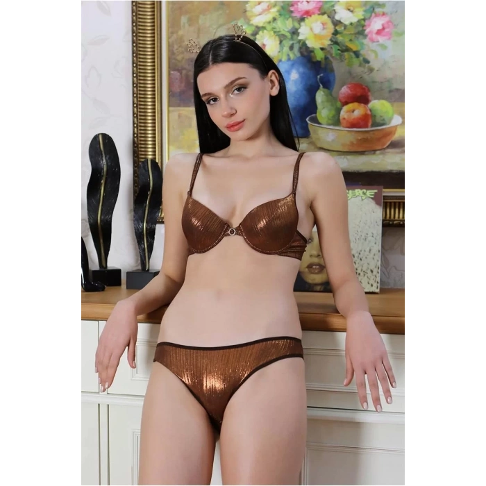 Moda Kadın Destekli Taş Detaylı Sütyen Takım Bakır