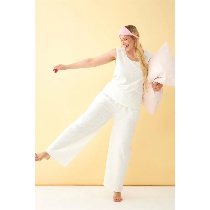 Moda Kadın Ekru Keten Jakarlı Büyük Beden Alt Üst Takım