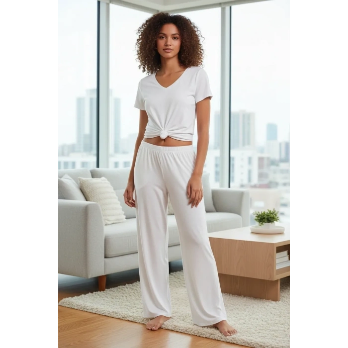 Moda Kadın Ekru Yumuşak Dokulu Akışkan Form Pantolon Rahat Kesim Şık Günlük Tasarım