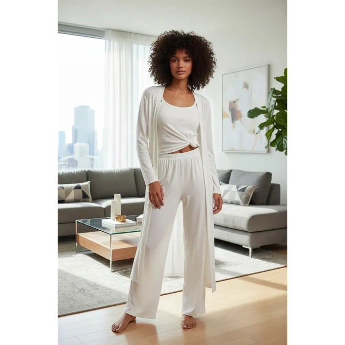 Moda Kadın Ekru Yumuşak Dokulu Dökümlü Uzun Kimono Şık ve Rahat Ev Giyim