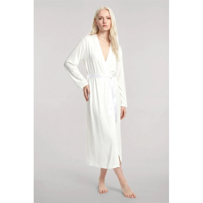 Moda Kadın Ekru Yumuşak Dokulu Dökümlü Uzun Kimono Şık ve Rahat Ev Giyim