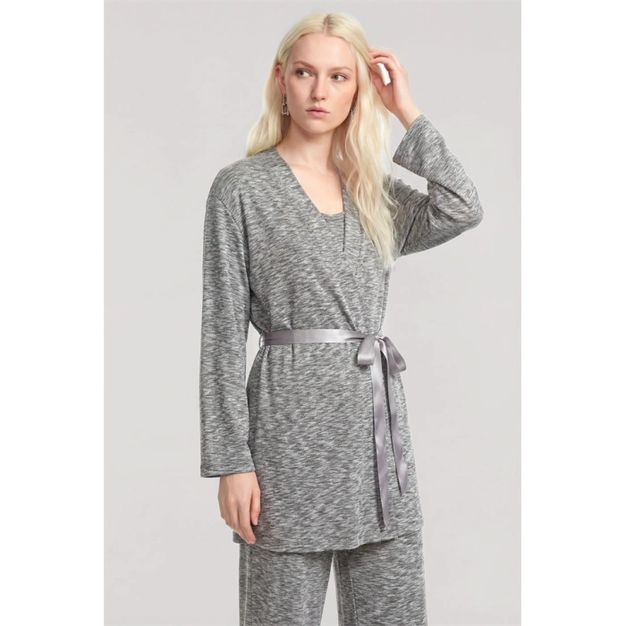 Moda Kadın Ekru Yumuşak Dokulu Dökümlü Uzun Kimono Şık ve Rahat Ev Giyim