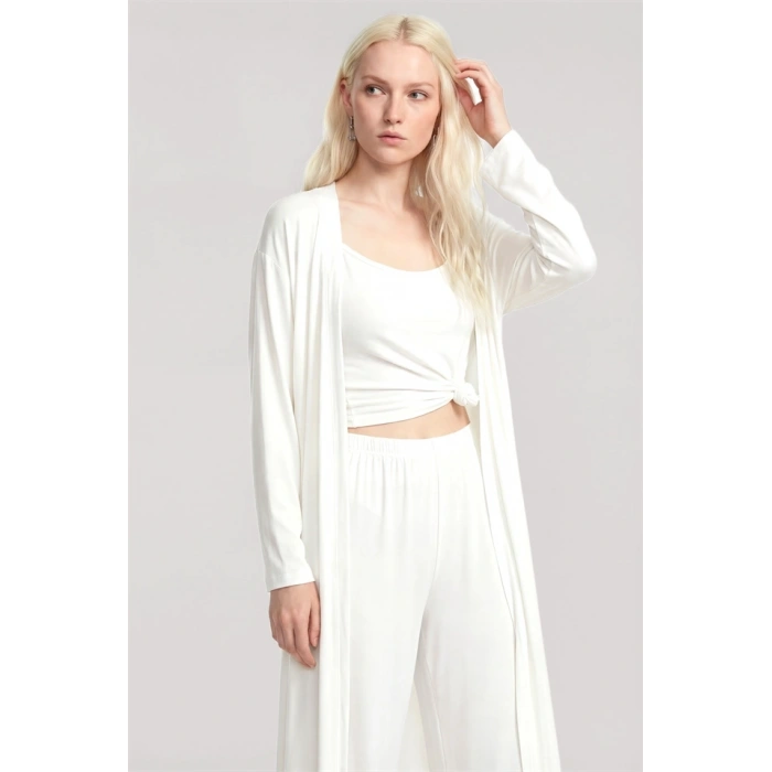 Moda Kadın Ekru Yumuşak Dokulu Dökümlü Uzun Kimono Şık ve Rahat Ev Giyim
