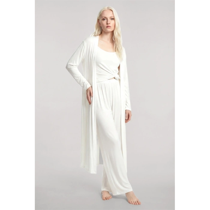 Moda Kadın Ekru Yumuşak Dokulu Dökümlü Uzun Kimono Şık ve Rahat Ev Giyim