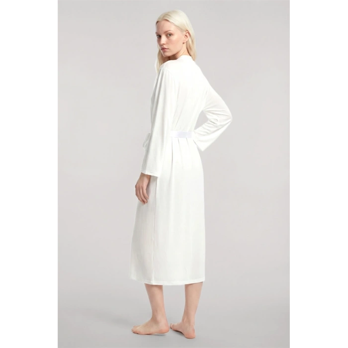 Moda Kadın Ekru Yumuşak Dokulu Dökümlü Uzun Kimono Şık ve Rahat Ev Giyim