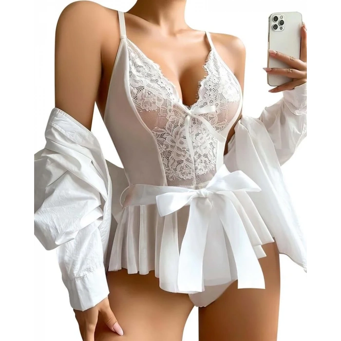 Moda Kadın Fantezi Babydoll Dantel Gecelik Beyaz