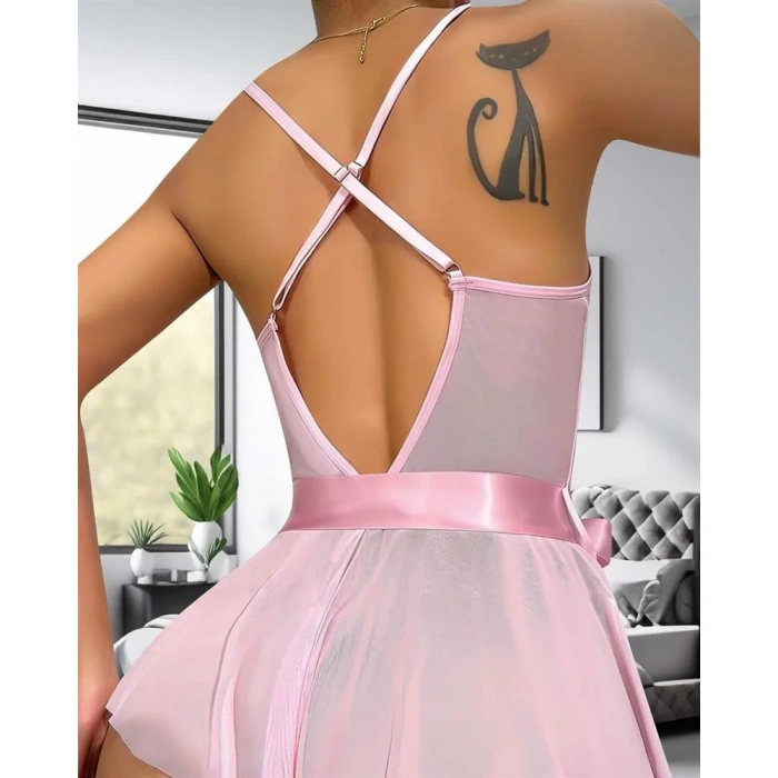Moda Kadın Fantezi Babydoll Dantel Gecelik Pembe