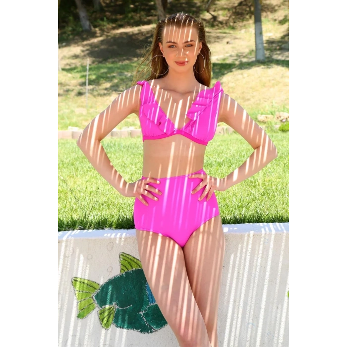 Moda Kadın Fırfırlı Yüksek Bel Fuşya Bikini