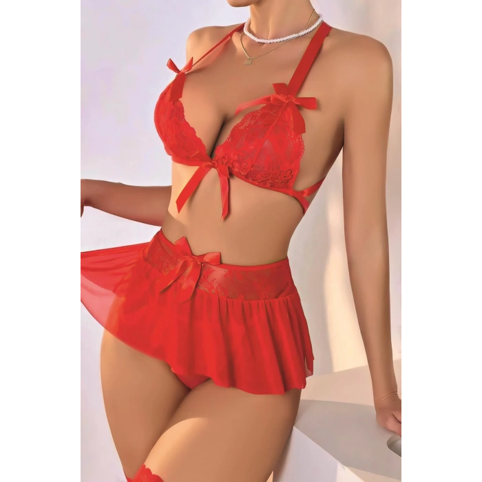 Moda Kadın Fiyonklu Fantezi Kırmızı Gecelik Takım