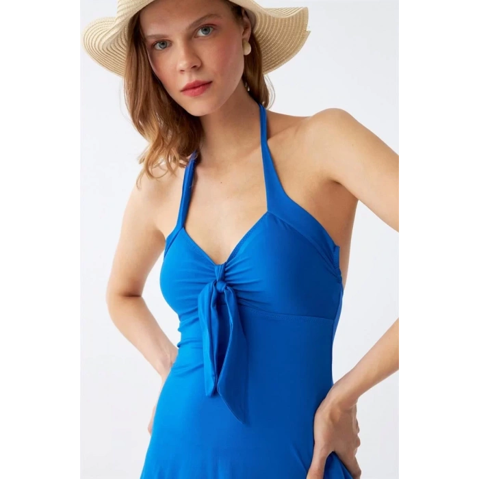 Moda Kadın Fiyonklu Sax Elbise Mayo