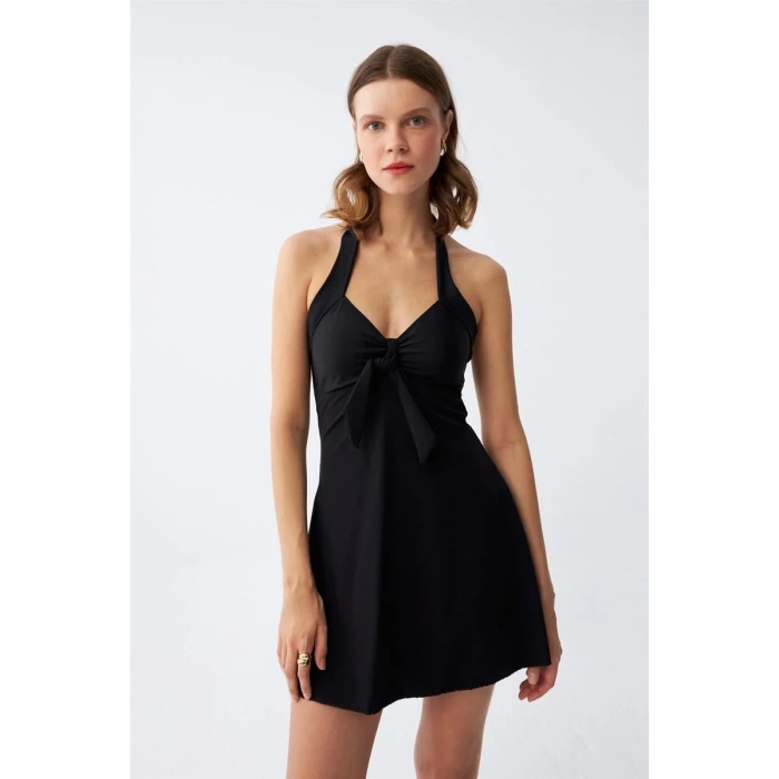 Moda Kadın Fiyonklu Siyah Elbise Mayo