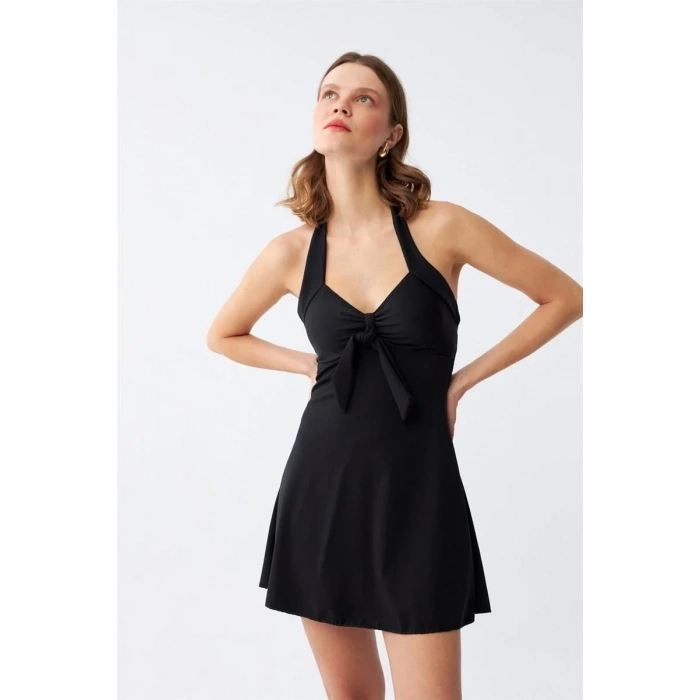 Moda Kadın Fiyonklu Siyah Elbise Mayo