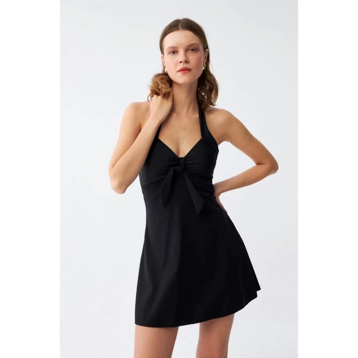 Moda Kadın Fiyonklu Siyah Elbise Mayo