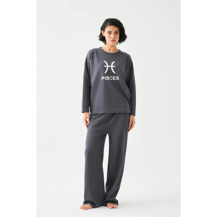 Moda Kadın Füme Balık Burcu Oversize 2 İplik Eşofman Ev Giyim Takımı