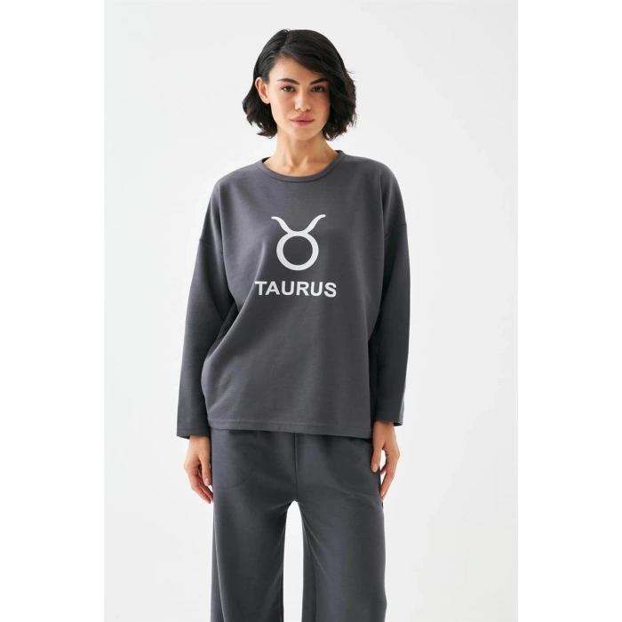 Moda Kadın Füme Boğa Burcu Oversize 2 İplik Eşofman Ev Giyim Takımı