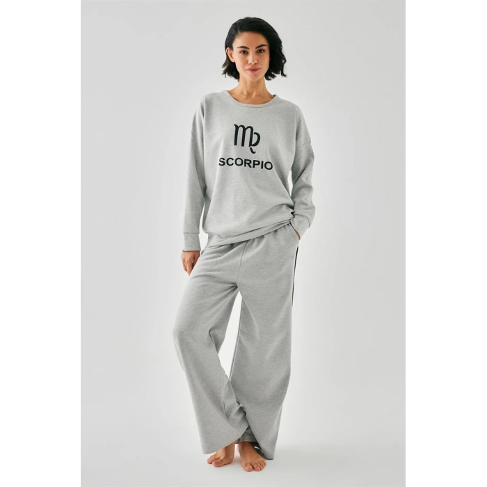 Moda Kadın Gri Akrep Burcu Oversize 2 İplik Eşofman Ev Giyim Takımı