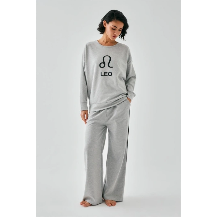 Moda Kadın Gri Aslan Burcu Oversize 2 İplik Eşofman Ev Giyim Takımı