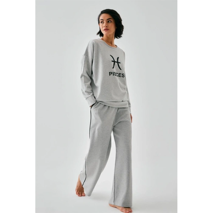 Moda Kadın Gri Balık Burcu Oversize 2 İplik Eşofman Ev Giyim Takımı
