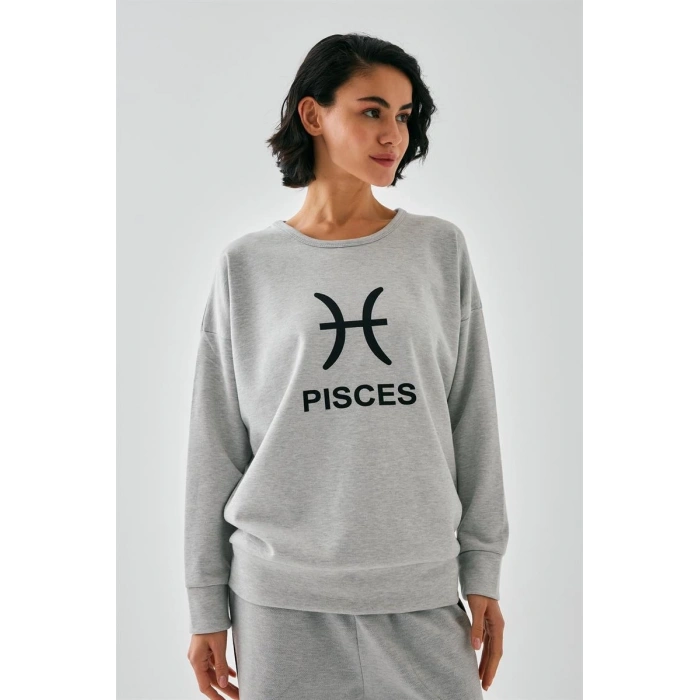 Moda Kadın Gri Balık Burcu Oversize 2 İplik Eşofman Ev Giyim Takımı