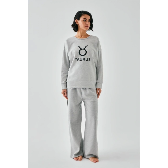 Moda Kadın Gri Boğa Burcu Oversize 2 İplik Eşofman Ev Giyim Takımı