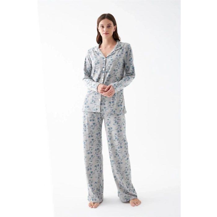 Moda Kadın Gri Desenli Düğmeli Pamuklu Pijama Takımı