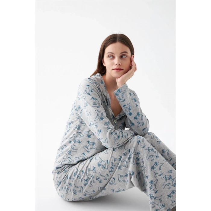 Moda Kadın Gri Desenli Düğmeli Pamuklu Pijama Takımı