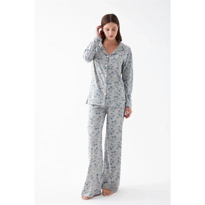 Moda Kadın Gri Desenli Düğmeli Pamuklu Pijama Takımı
