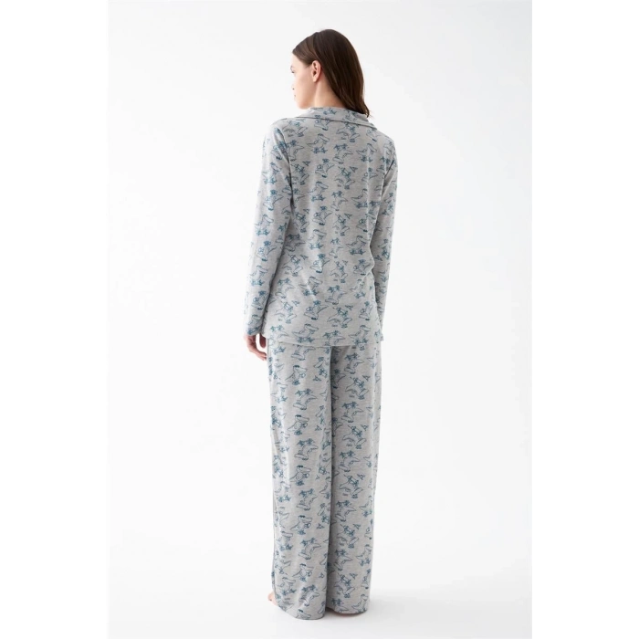 Moda Kadın Gri Desenli Düğmeli Pamuklu Pijama Takımı