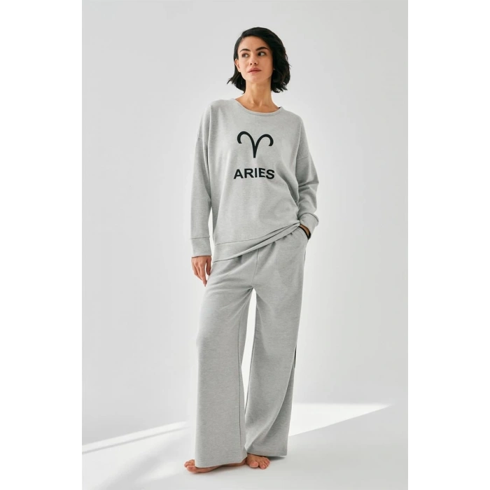 Moda Kadın Gri Koç Burcu Oversize 2 İplik Eşofman Ev Giyim Takımı