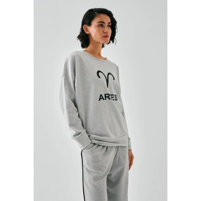 Moda Kadın Gri Koç Burcu Oversize 2 İplik Eşofman Ev Giyim Takımı