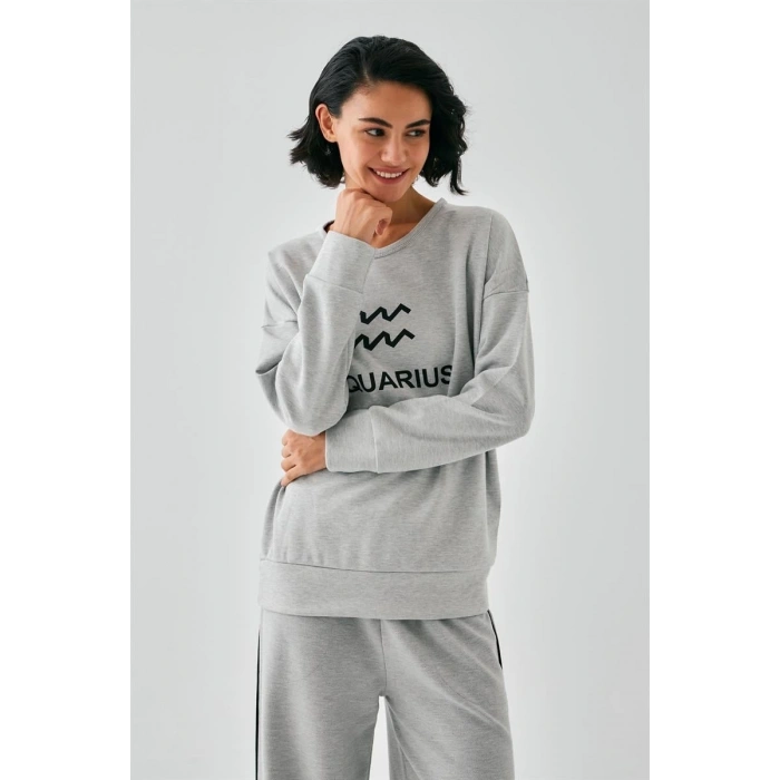 Moda Kadın Gri Kova Burcu Oversize 2 İplik Eşofman Ev Giyim Takımı