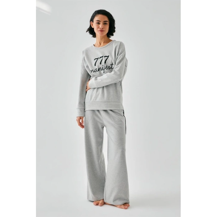 Moda Kadın Gri Manifest Oversize 2 İplik Eşofman Ev Giyim Takımı