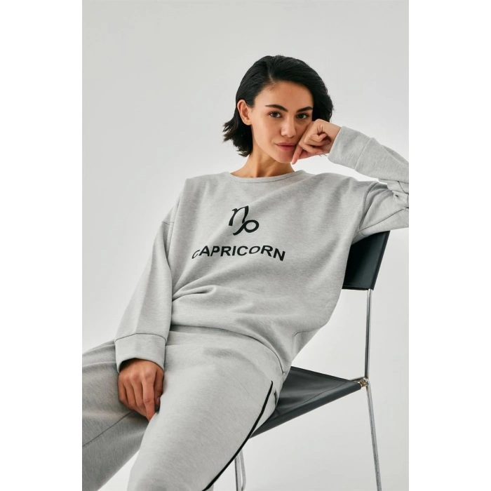 Moda Kadın Gri Oğlak Burcu Oversize 2 İplik Eşofman Ev Giyim Takımı