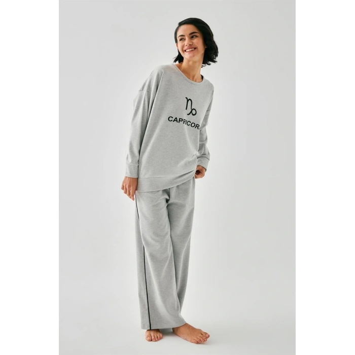 Moda Kadın Gri Oğlak Burcu Oversize 2 İplik Eşofman Ev Giyim Takımı