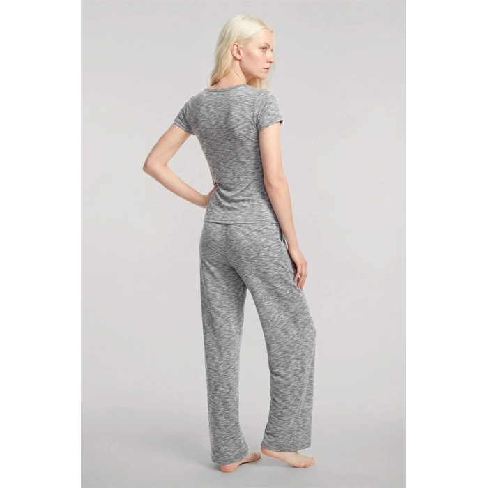 Moda Kadın Gri V Yaka Yumuşak Dokulu Pijama Takımı Rahat Günlük Ev Giyim Seti