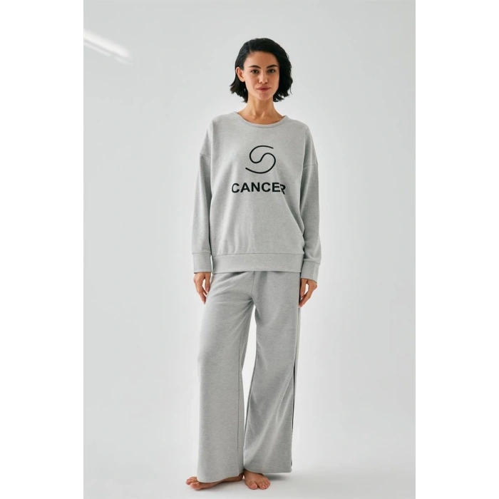 Moda Kadın Gri Yengeç Burcu Oversize 2 İplik Eşofman Ev Giyim Takımı