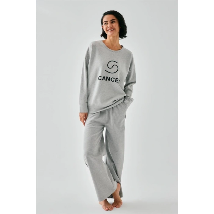 Moda Kadın Gri Yengeç Burcu Oversize 2 İplik Eşofman Ev Giyim Takımı