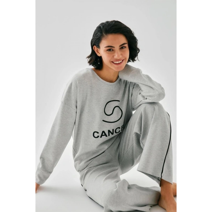 Moda Kadın Gri Yengeç Burcu Oversize 2 İplik Eşofman Ev Giyim Takımı