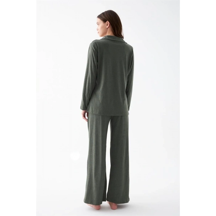 Moda Kadın Haki Düğmeli Pamuklu Pijama Takımı