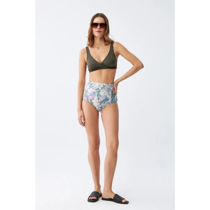Moda Kadın Haki Pedli Üst ve Yüksek Bel Çiçek Desenli Bikini Takımı