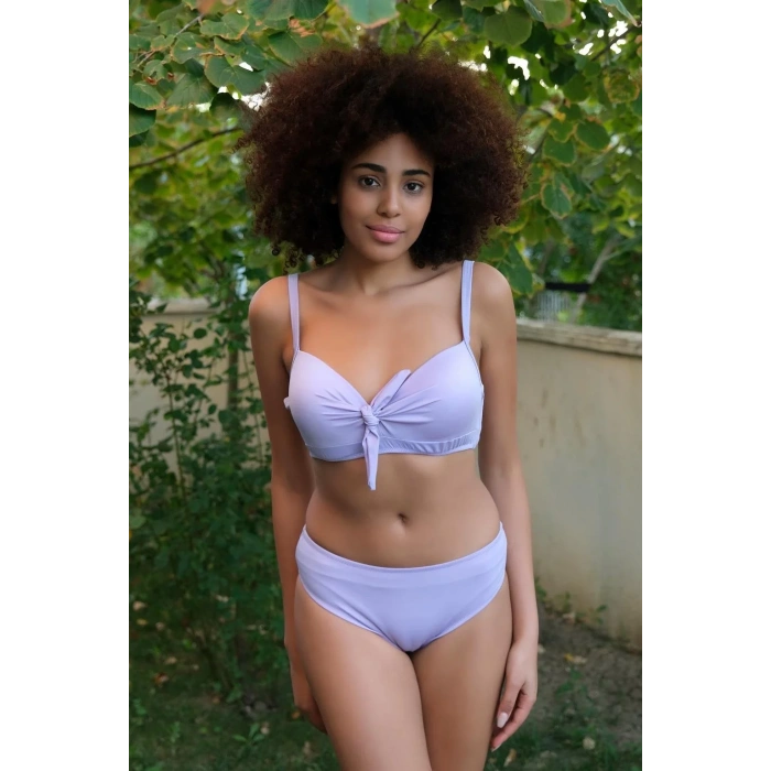 Moda Kadın İçi Boş Fiyonklu Kaplı Lila Alt Üst Bikini Takım