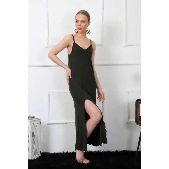 Moda Kadın İp Askılı Haki Uzun Gecelik