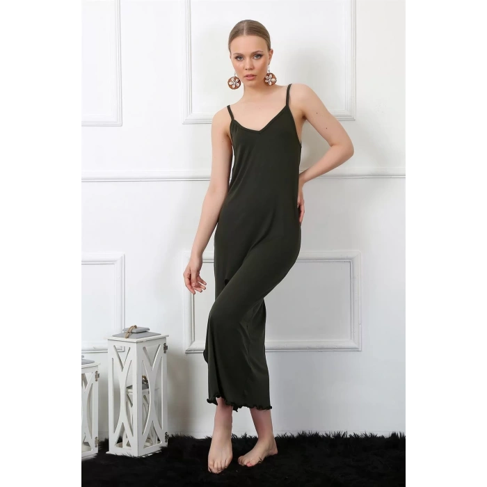 Moda Kadın İp Askılı Haki Uzun Gecelik